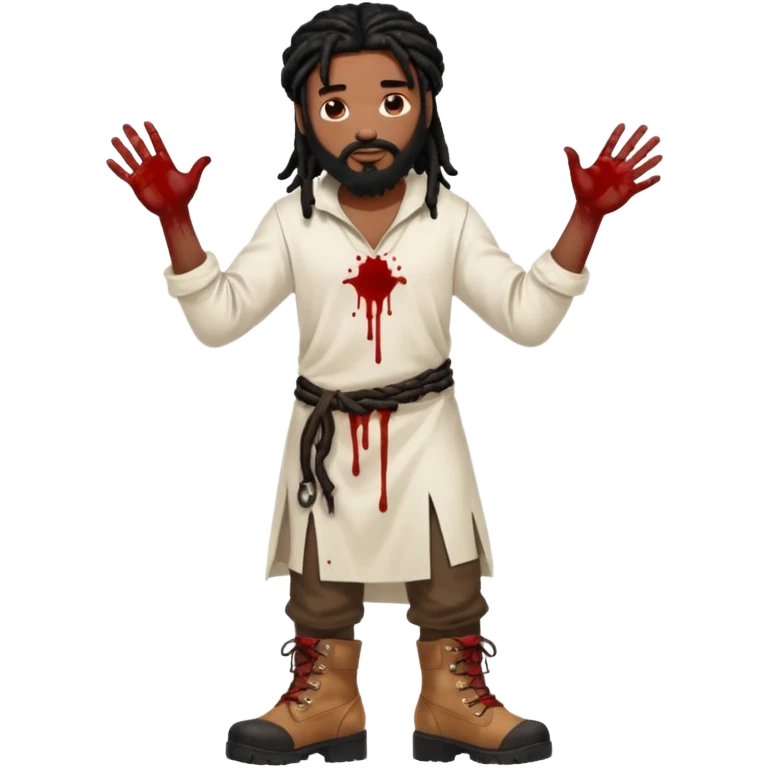 African American man with shoulder length black dreadlocks with black beard wearing a white tunic with blood on it wearing timberland boots with hands out clean emoji