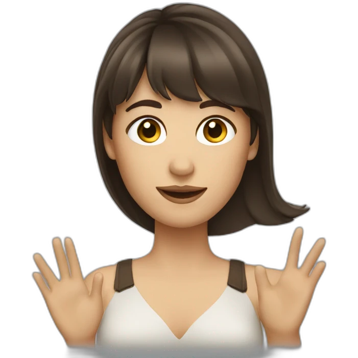 brunette woman with bangs waving emoji