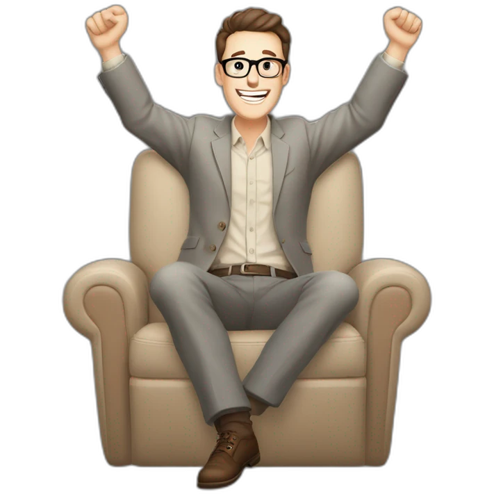 Joyful Celebrating victory Hands up Pale skinned Fit Man With dark brown hair in gray jacket, beige office shirt, Brown pants and vintage glasses sitting In a soft chair emoji