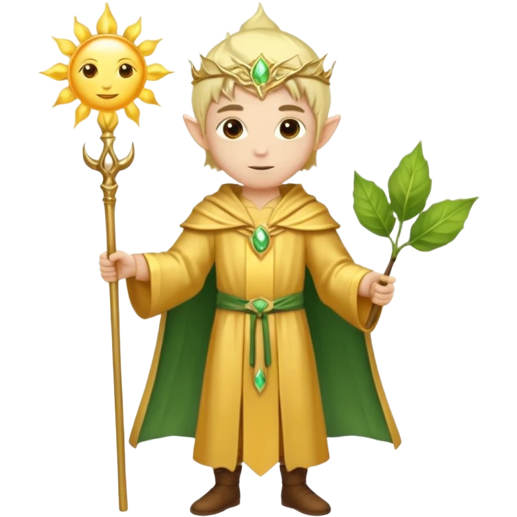 {
      "type": "human",
      "look": "light elf healer, golden robe, staff with leaf and sun",
      "description": "a light elf healer wearing a golden robe and holding a staff with leaf and sun no face"
    } emoji