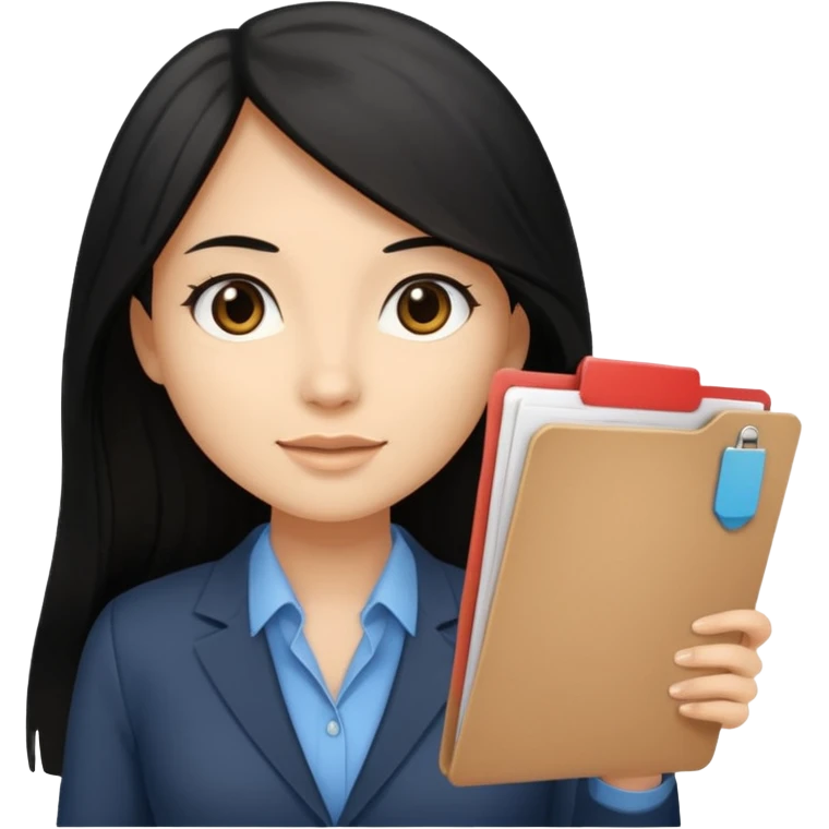 a light tan woman with long black hair past mid-back, round brown eyes and manila folder in her hands emoji