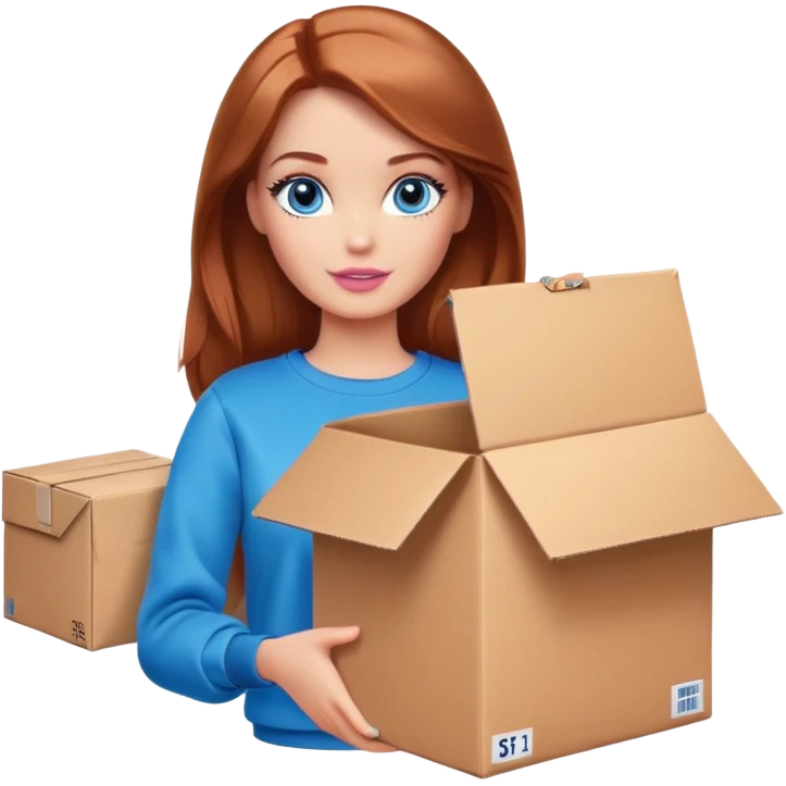 Barbie in a brown sweatshirt with shoulder-length reddish-brown hair, blue eyes with makeup, stands with a parcel box emoji