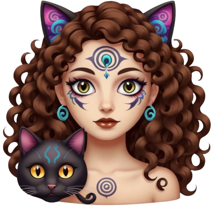 woman with long curly brown hair, brown eyes, white skin, tattoos, black cat with psychedelic spiral eyes mirroring hers emoji