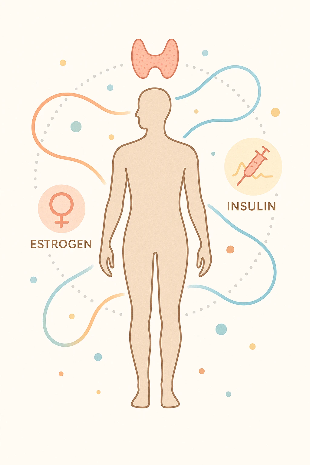 Il corpo è circondato da simboli delicati e bilanciati che rappresentano equilibrio ormonale e metabolico: piccoli cerchi, flussi energetici colorati, simboli stilizzati di tiroide, picco insulina, estrogeni. 4k immagine emoji