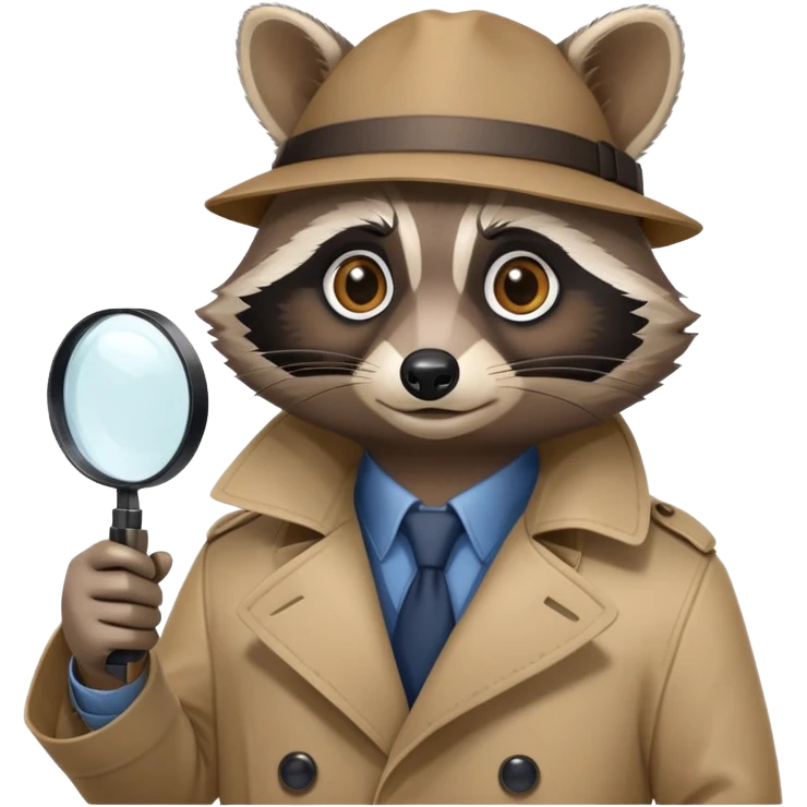 Raccoon private investigator with trenchcoat and magnifying glass emoji