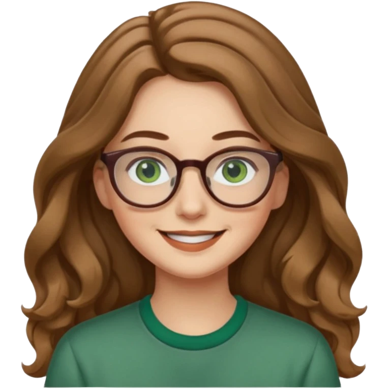 long wavy light brown hair woman with green eyes and glasses smiling closed mouth. middle part hair. medium thick eye brows emoji
