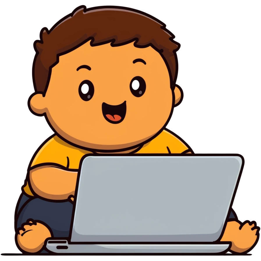fat brown kid with brown hair using laptop drooling with stupid expression emoji