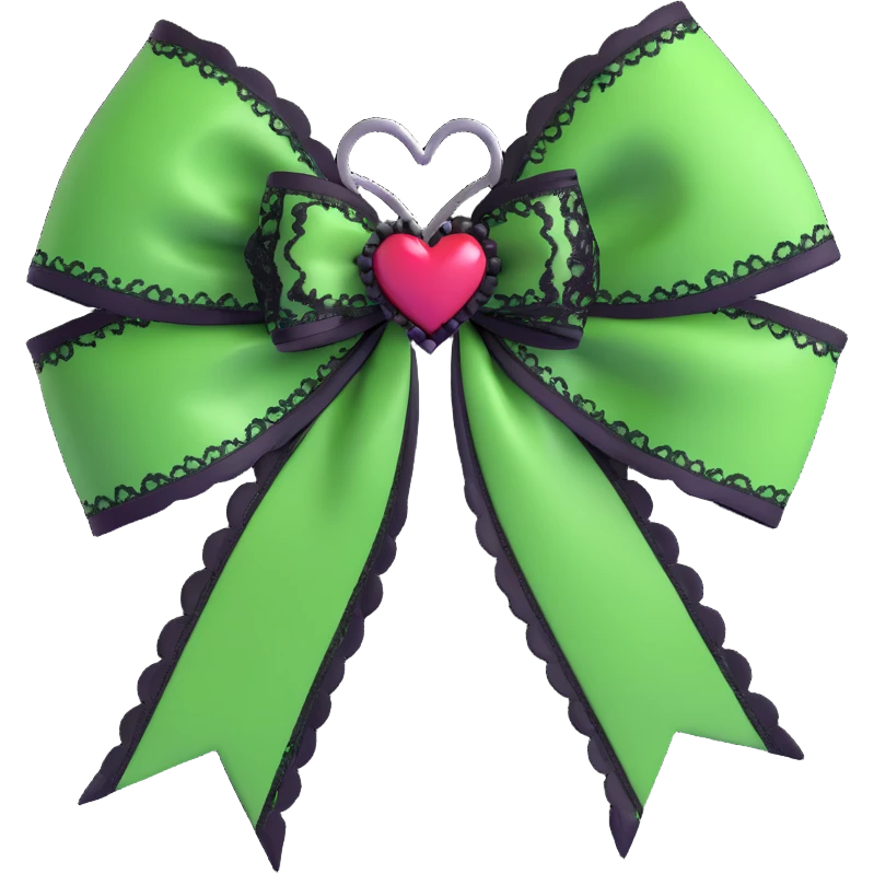 green gothic bow with black lace trim and heart charm, remove background emoji