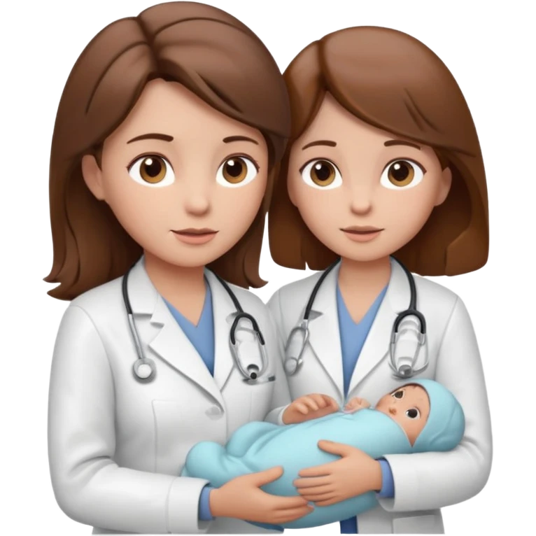 Show a nurse in a white coat, attending to a baby, with a light expression and soft detail typical of modern emojis. The scene should have a clean look, with subtle shadows and soft contours, brown hair, maintaining the 3D cartoon style used in iOS emojis.  emoji