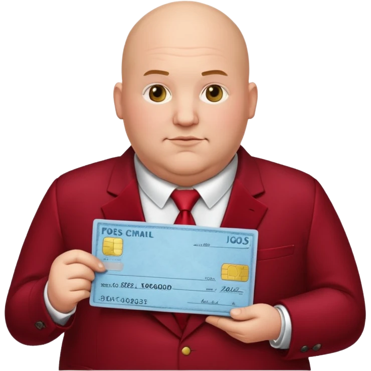 fat guy bold head in dark red velvet suit holding cheque emoji