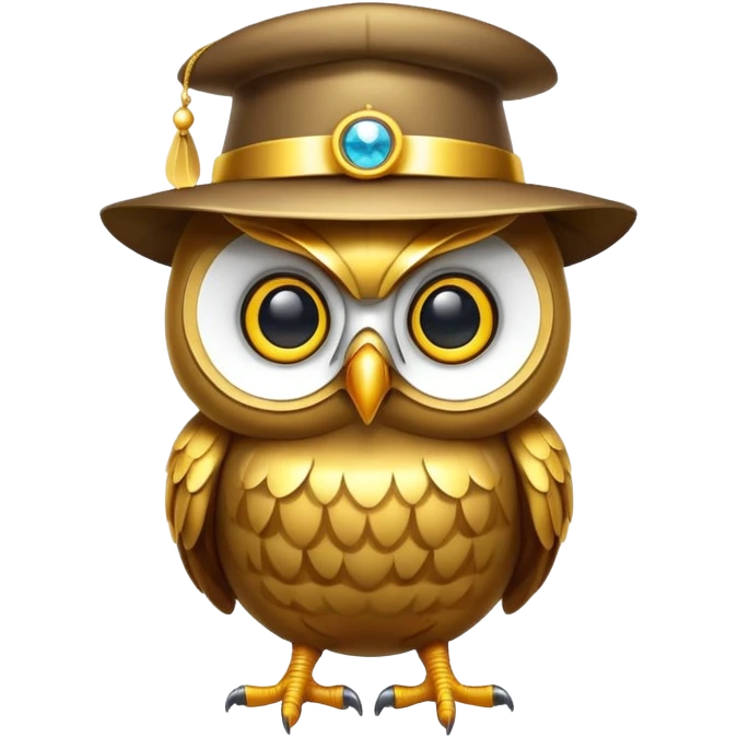golden owl with shiny feathers. With a hat in head  emoji