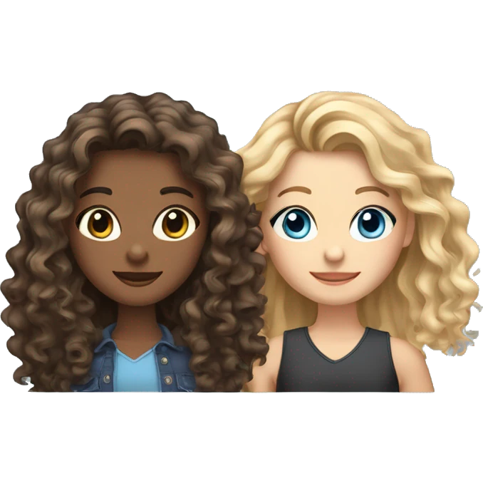 Create an image of 3 girlfriends.1 girl with curly brown - haired woman with brown eyes.next girl with long hair with a blonde ombre, brown eyes.next girl with black wavy long hair, blue eyes. emoji