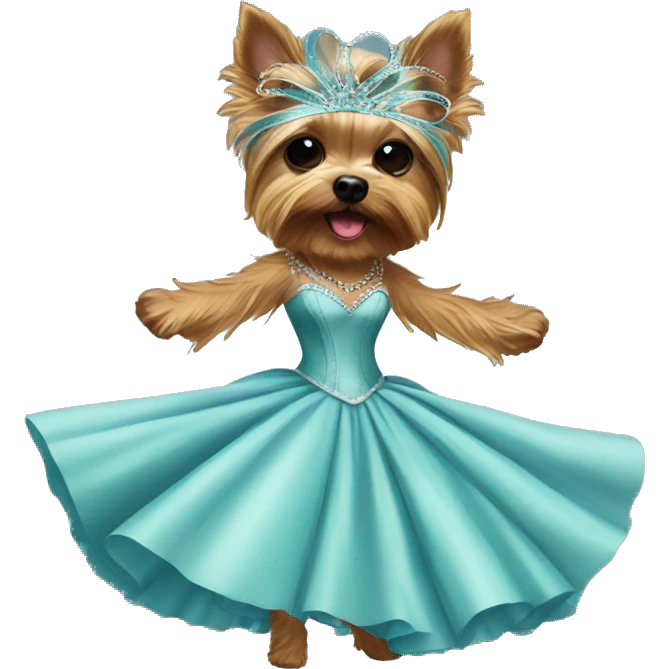 Yorkie dancing in a ballgown with a masquerade mask emoji
