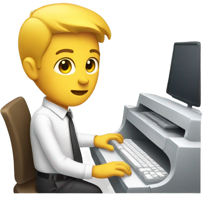 yellow skin man using white keyboard on desk wearing white button down shirt front view emoji