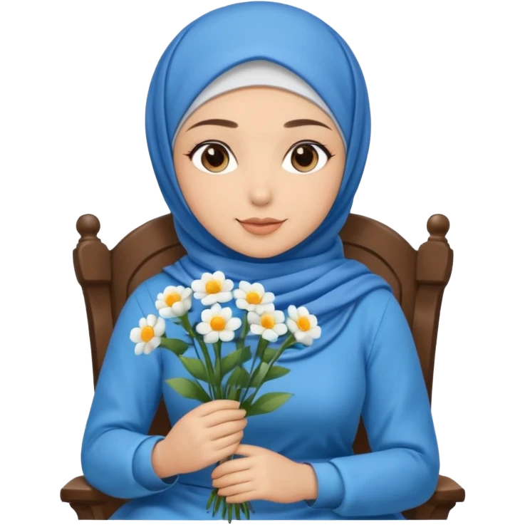 Beautiful Turkish Muslim wearing blue hajab and holding white flowers and siting down on chair emoji