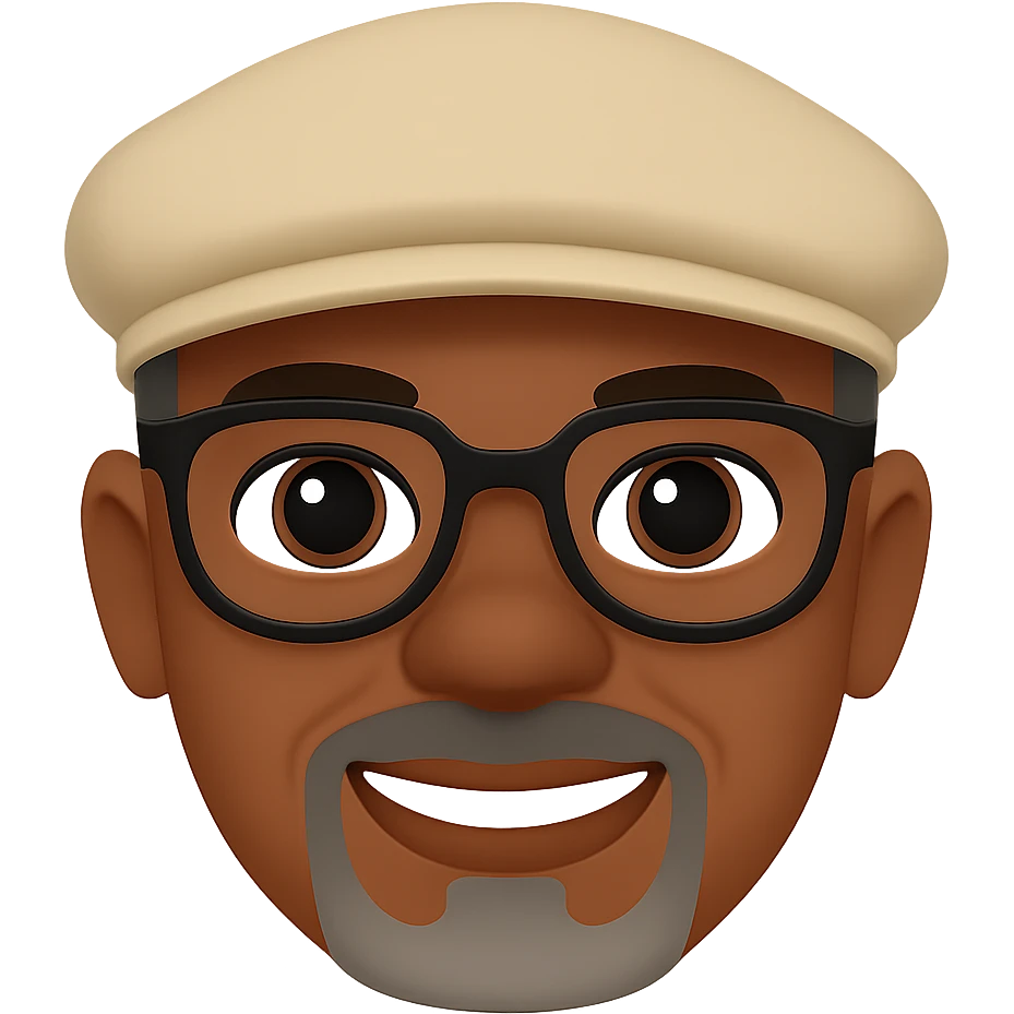 Create a detailed and clean classic emoji style image of a light-skinned African American man with grey beard stubble on his chin and mustache, wearing a Kangol hat. Focus on the face only, no background or extra accessories. Maintain the classic emoji look. emoji
