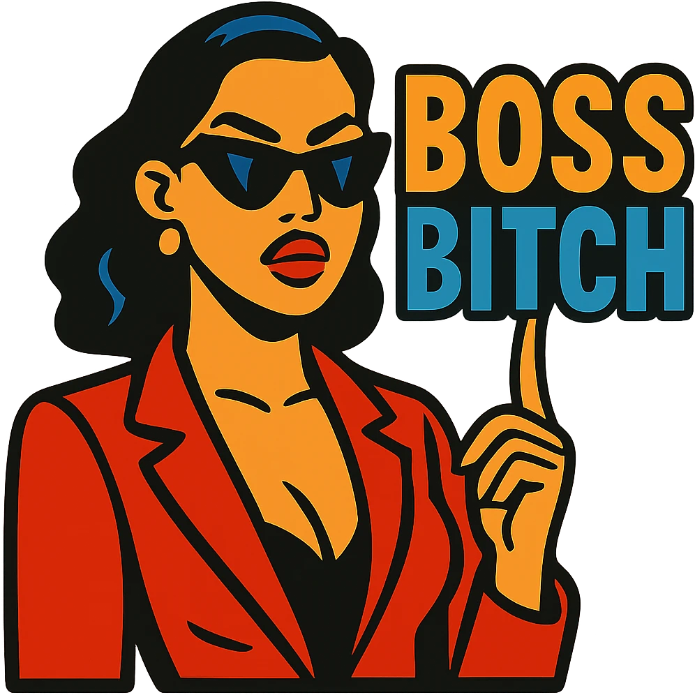 bossy, sexy woman with sunglasses and red lipstick with 'Boss Bitch' in bold block letters in vibrant toon style emoji