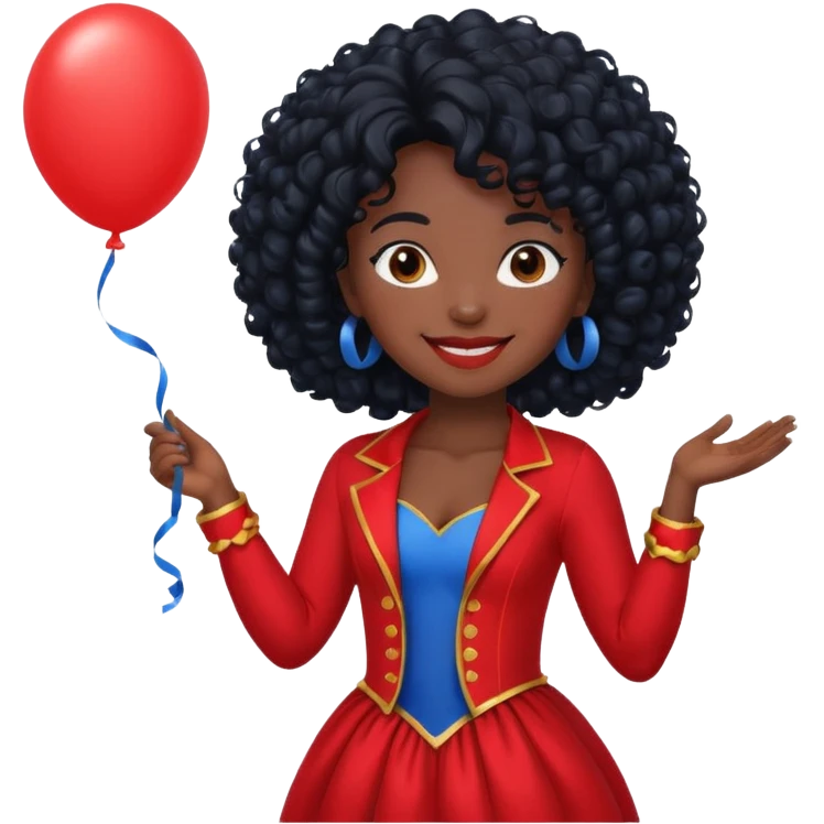 woman with curly black hair and dark face red costume, holding blue balloon emoji