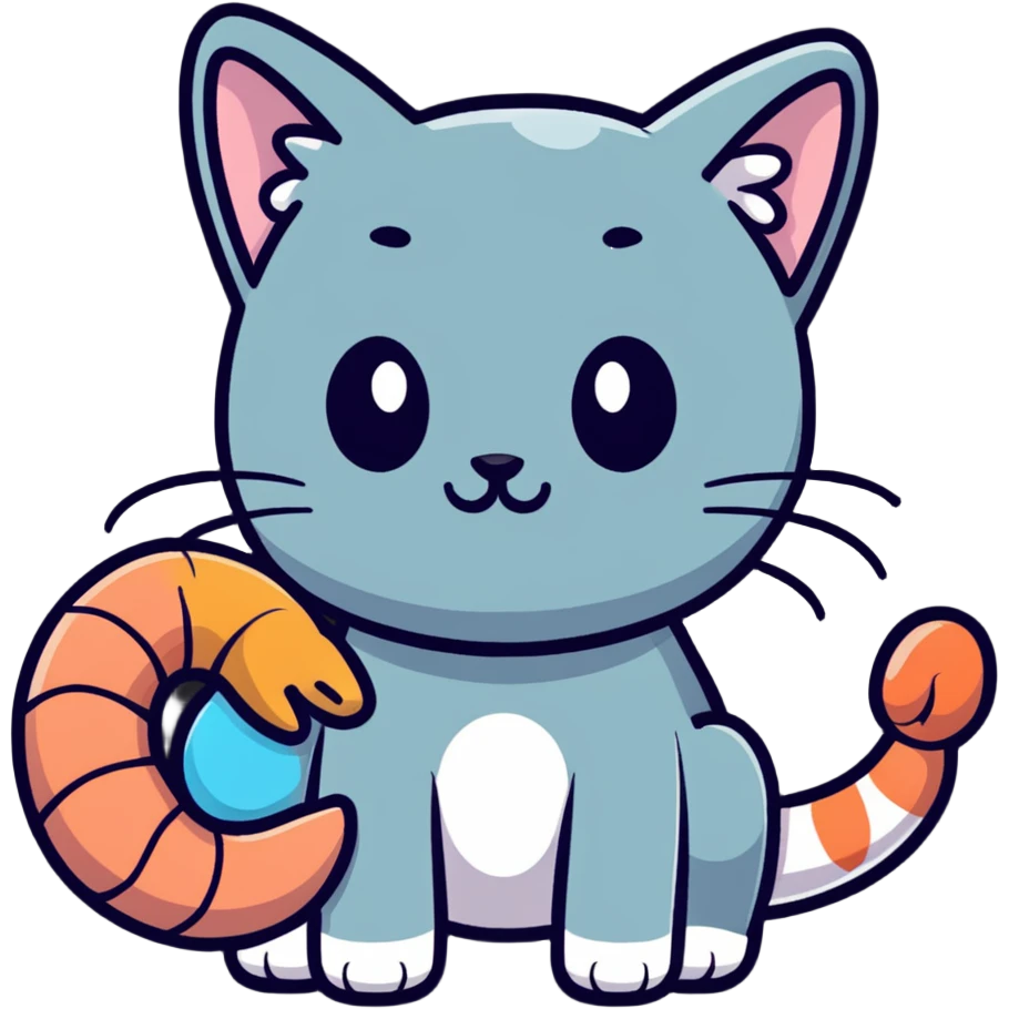 A cute hybrid creature with a shrimp body and tail but a cat's head with whiskers and ears emoji