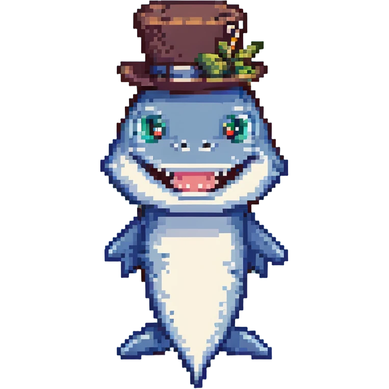 pixel art shark, smiling, with a tophat emoji