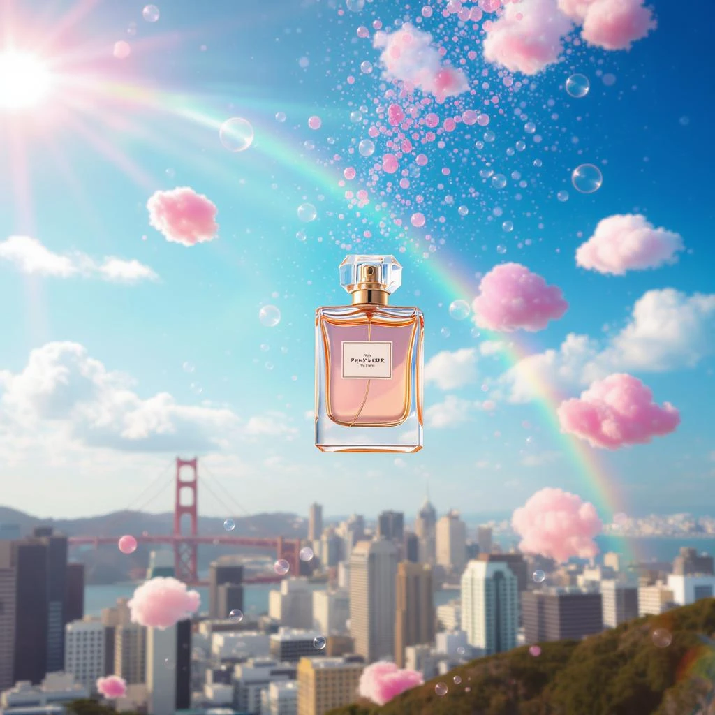 Cinematic still perfume bottle inside bubbles flying around San Francisco downtown, sunny summer day, happy vibe, colorfull surround, rainbow, small cute pink clouds around emoji