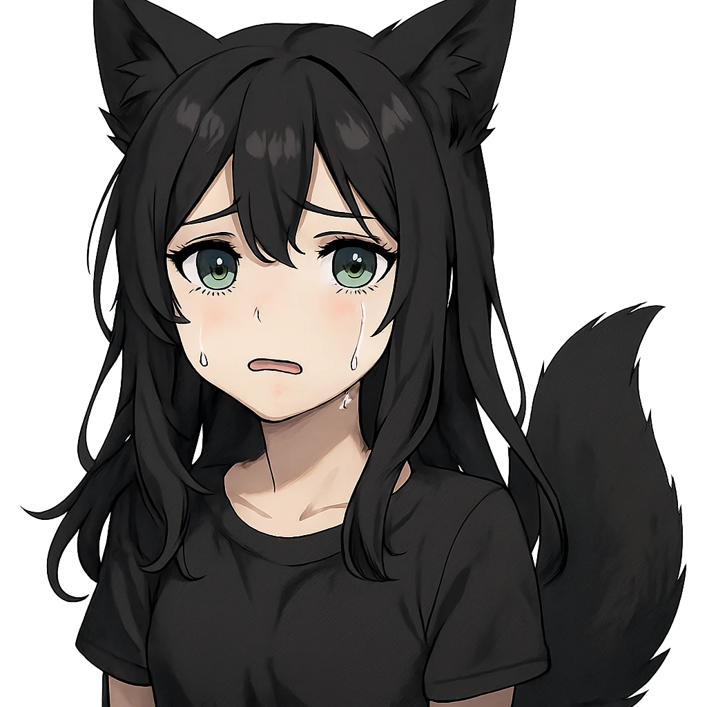 A girl with tears, black fox ears, and a tail, green eyes, dark hair emoji