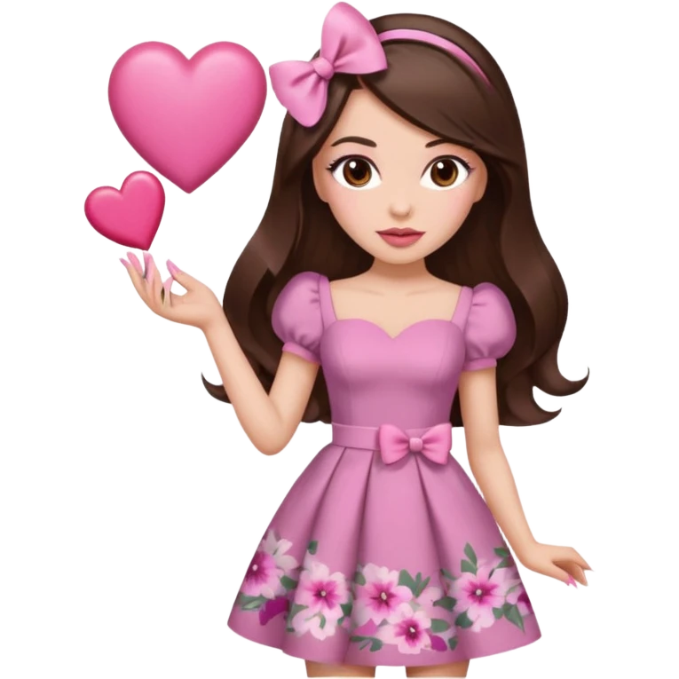 Chocolate brown clothes emoji, inspired with brunette hair, brown eyes, long hair, heart shape lips and pink make up  and pink nails, mauve pink blush and floral pink dress, half up hair with white bow peaking on the sides, white heels  emoji