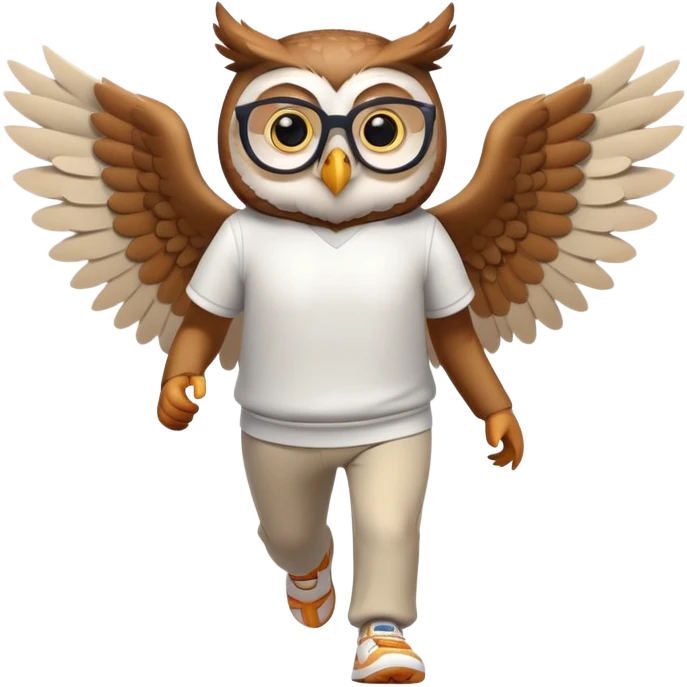 friendly anthropomorphised owl with wings instead of arms, in pants and a shirt, wearing glasses, jogging upright, relaxed pose emoji