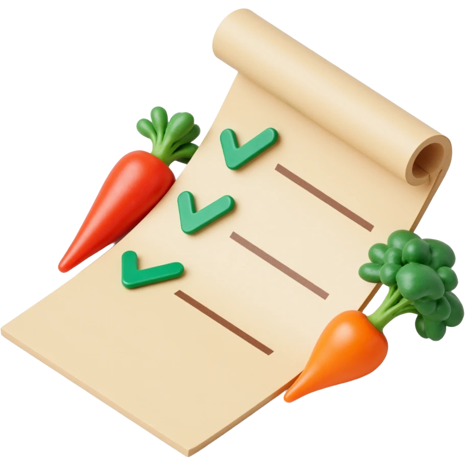 floating rolled paper list with green checkboxes and around vegetables emoji