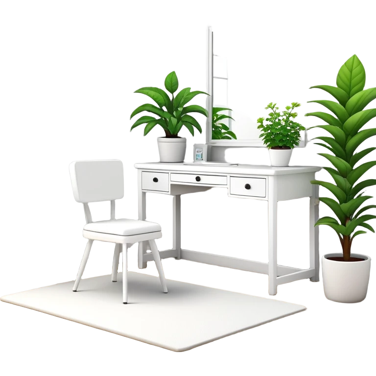 clean modern teenage bedroom with white furniture, white bed, white desk, white vanity, and potted plants emoji