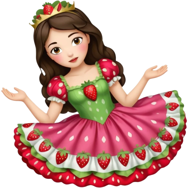 sleeping beauty brunette white girl with a silk pillow strawberry dress with her face painted fairy strawberry styles on top and her dress drawstring with a strawberry  emoji