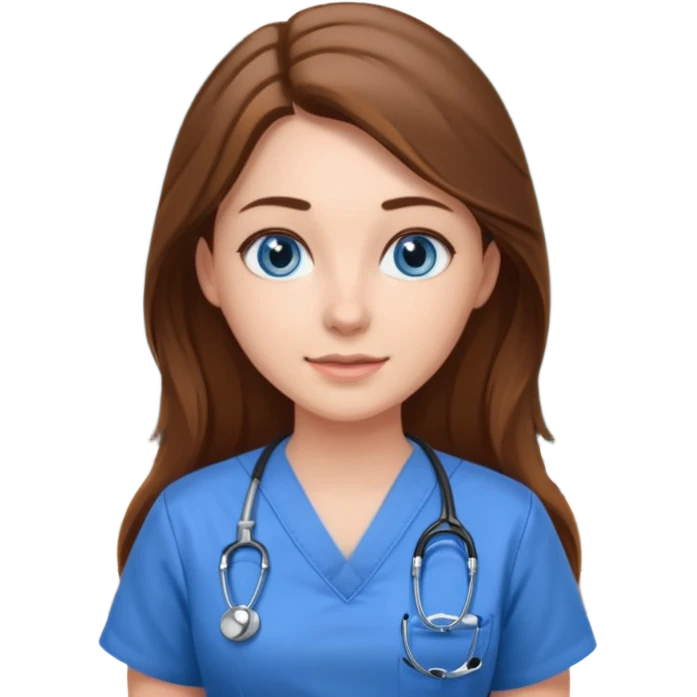 inside a classroom at university, a pretty female nursing student with long brown hair, blue eyes emoji