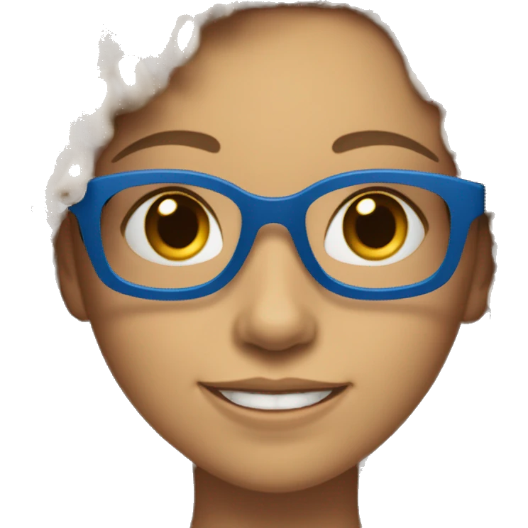 A fair-skinned girl, wearing blue plastic glasses, her hair is curly, she has a beautiful smile, and her left eyebrow is slit.  emoji