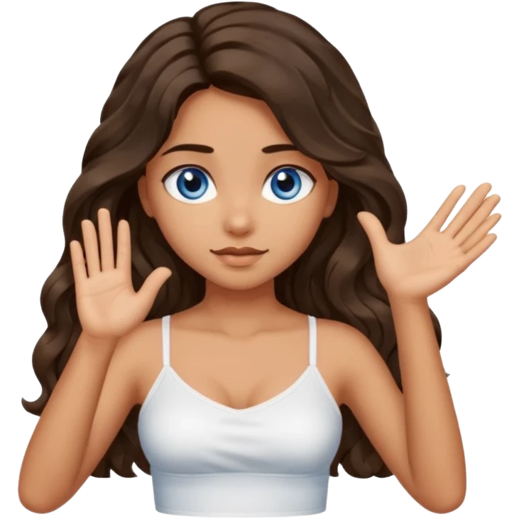 Girl with olive skin, blue eyes, brown dark insanely wavy long hair, white camisole, left hand palm up crossing arms in an x shape emoji