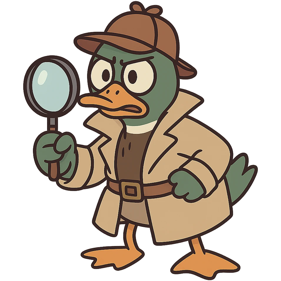 cute mallard duck dressed as a detective, wearing a trench coat and detective hat, holding a magnifying glass, cartoon style emoji