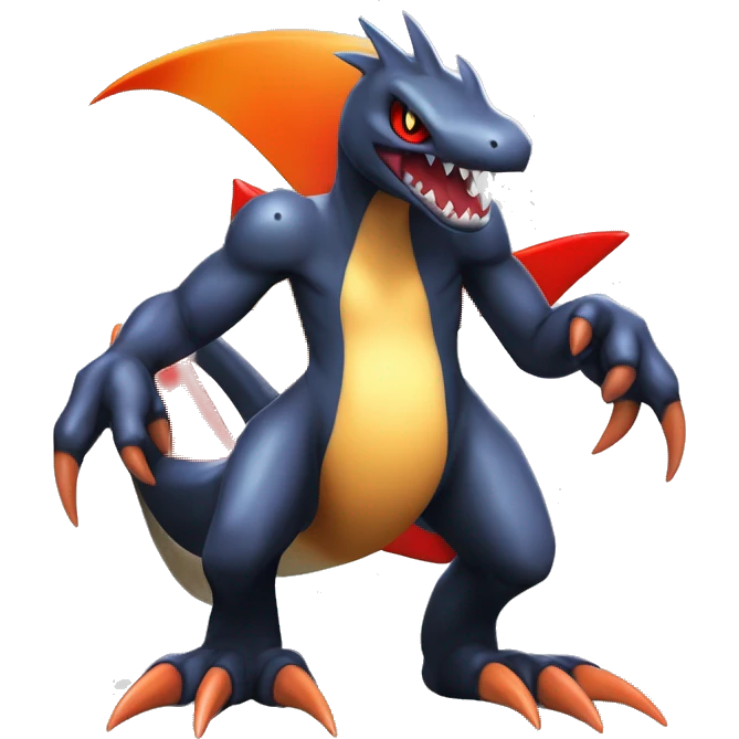 Black, Red, Orange, Beige, Modern, Futuristic, Cool, Edgy, Badass Punk-style Garchomp-Charmeleon-Croconaw Fakémon-Digimon  full body emoji