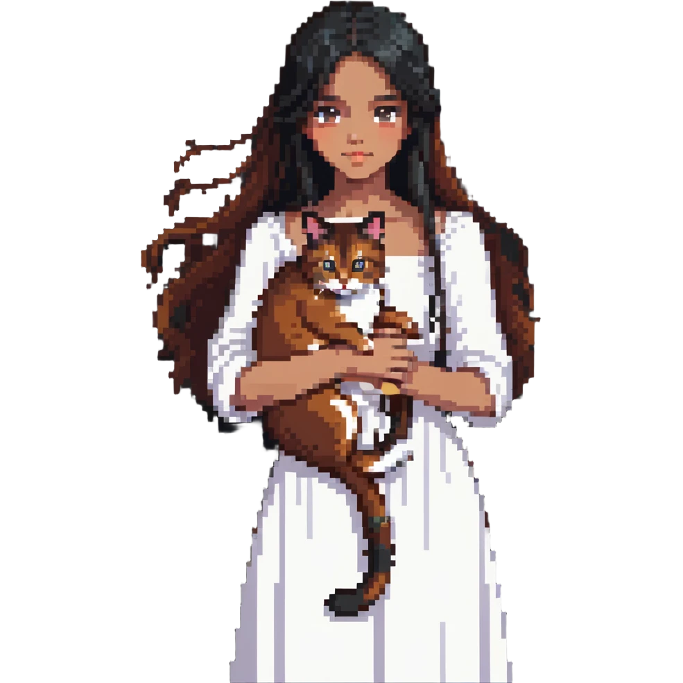 beautiful girl with long black hair wearing a white dress holding an Abyssinian cat with reddish-brown fur in her arms emoji