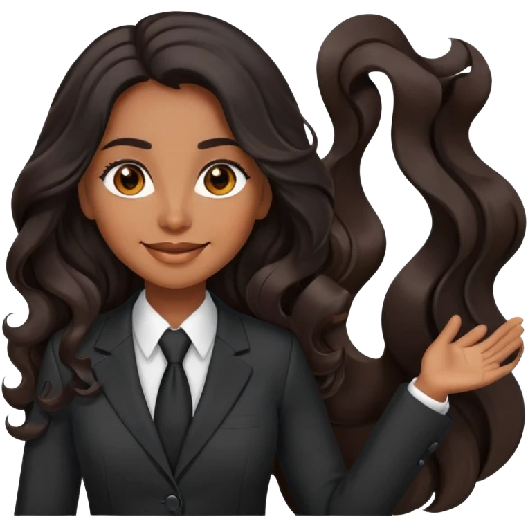 business woman with brown skin, brown eyes, long black wavy hair looking very happy, professional suit emoji