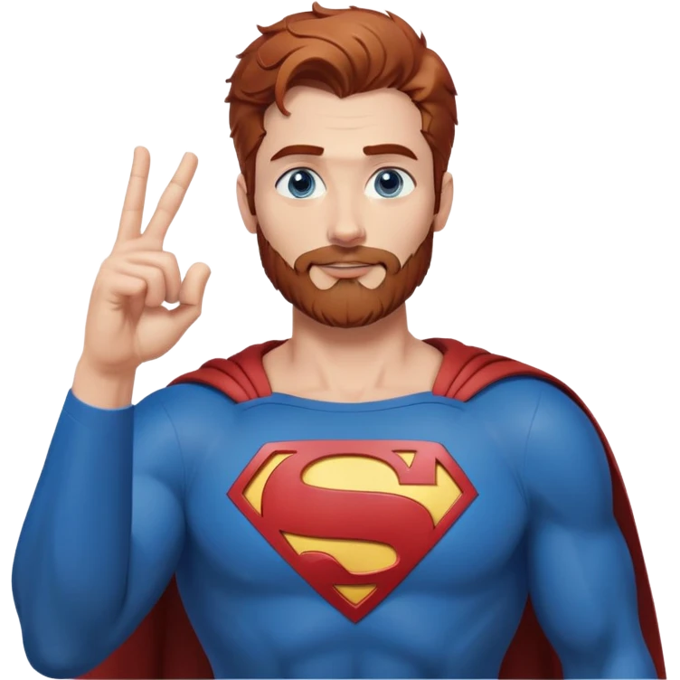 Adult-tall-full body- Superman-with redish brownish messy hair-full neatly trimmed beard-blue eyes-hand heart gesture emoji