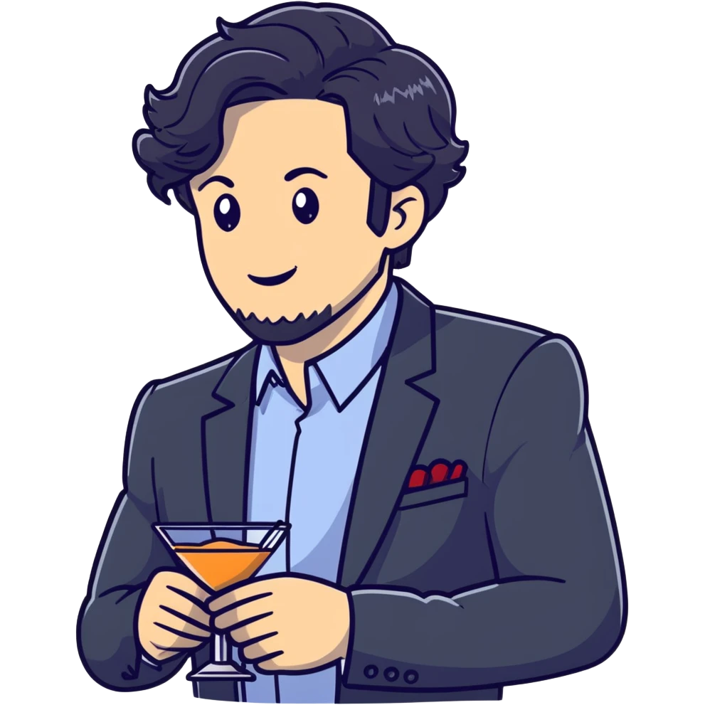 Management educator with black wavy hair, stubble, strong features, white skin, smart casual attire, mingling at a business networking reception, engaged in dynamic conversation with other professionals, cocktail event setting emoji