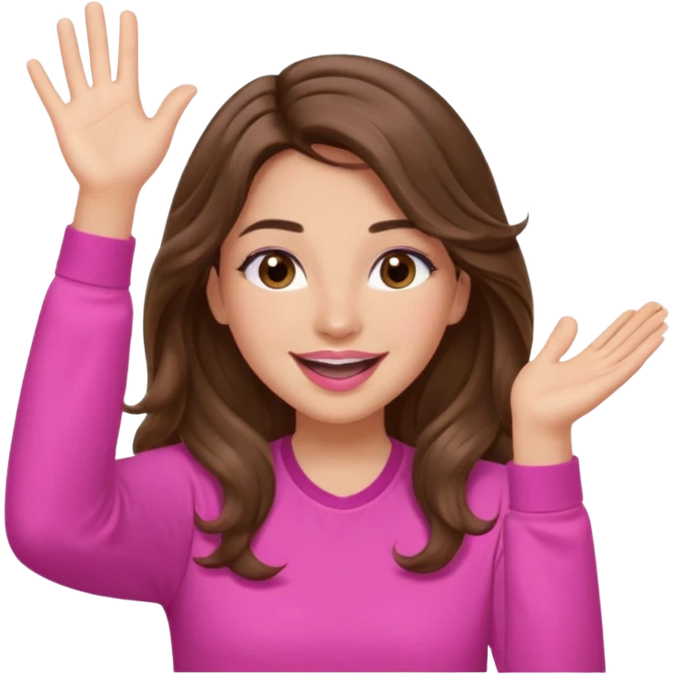 girl with long wavy brown hair, brown eyes, light to medium complexion, in a pink shirt, pink lips, long lashes, puckered lips, both hands in the air cheering emoji
