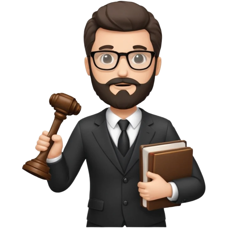 Create a male lawyer. he is wearing a fromal suit jckeret. He is holding a gavel in one hand and a book tucked under his another arm. He has beard and glasses without the glass lol. And the hair is kinda darker but not black emoji