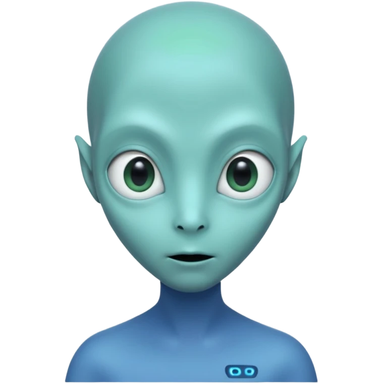 Portrait of an alien with smooth greenish-blue skin, large black oval eyes, small nose, and no visible ears, elongated head, front-facing, wearing t-shirt, soft glow, simple futuristic design emoji