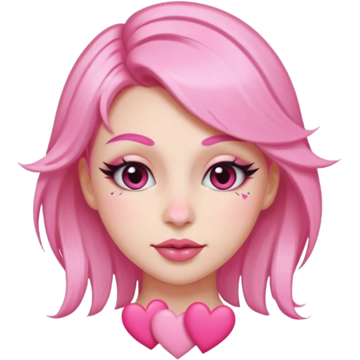 “Emoji girl, pastel pink streaks in hair, bold winged eyeliner, heavy blush on cheeks and nose bridge, under-eye hearts, glossy pink lips, playful smirk.” emoji
