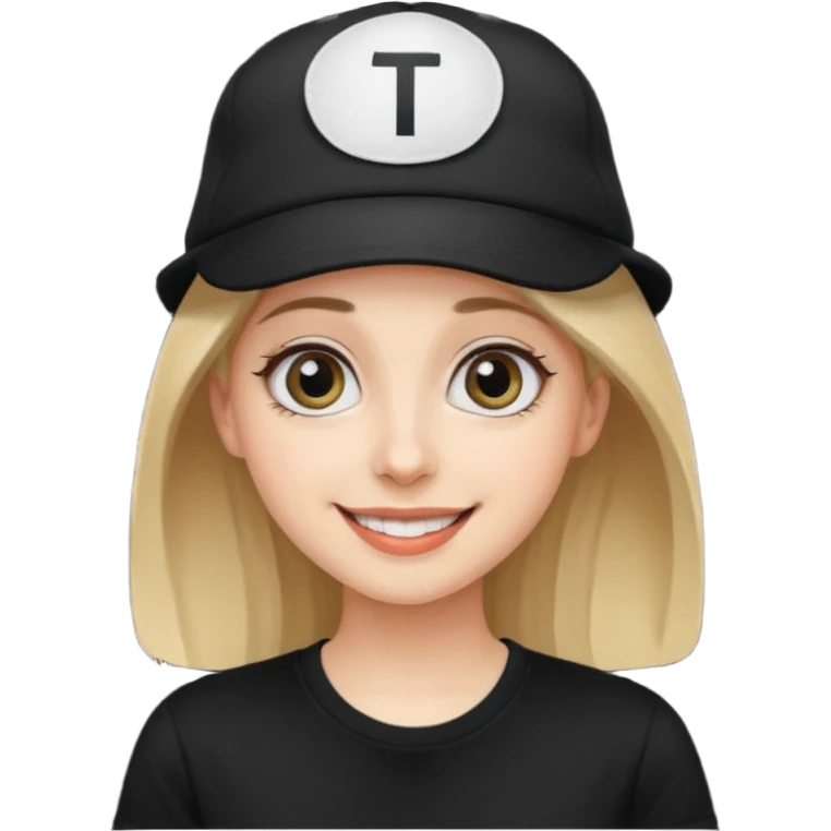 나는 여자이고 눈이 큰 편이고 MBTI는 ENTP야.  모자를 즐겨 써. 검정색 티셔츠를 입혀줘. 성격은 웃기고발랄하게 표현됐으면좋겠어. emoji