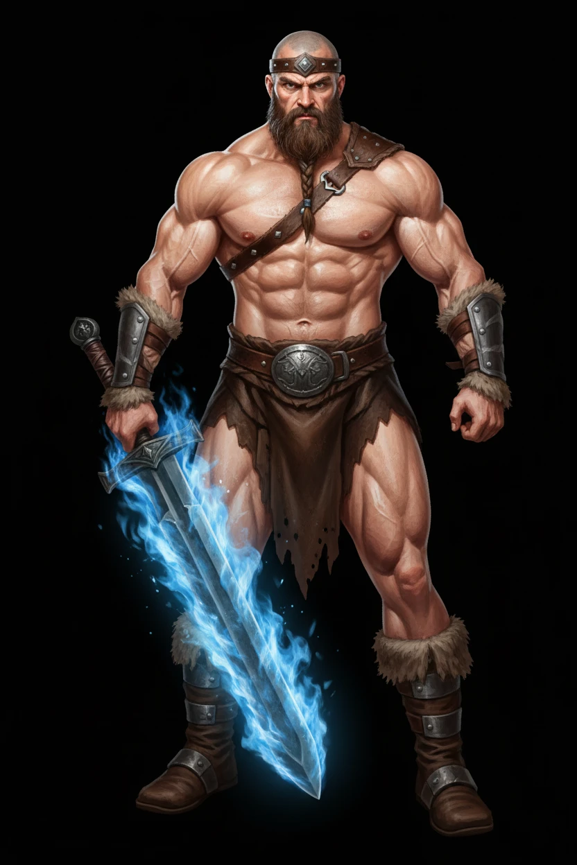 Turn this man into a conan the barbarian, with a flaming blue sword that is large, make him very muscular emoji