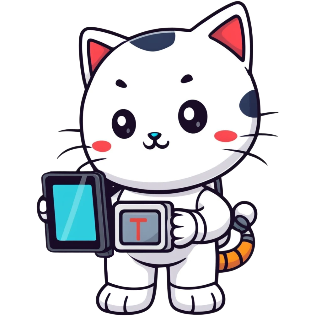 white standing robocat with a display instead of face emoji