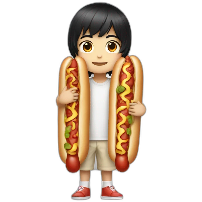 shoulder length black hair chibi boy wearing hotdog costume emoji