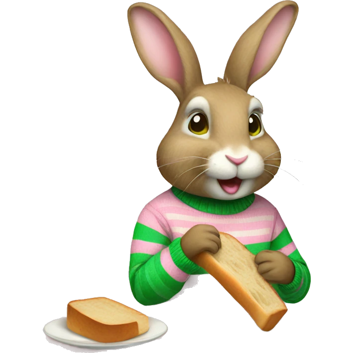 Rabbit wearing pink and green stripe sweater and eating bread emoji