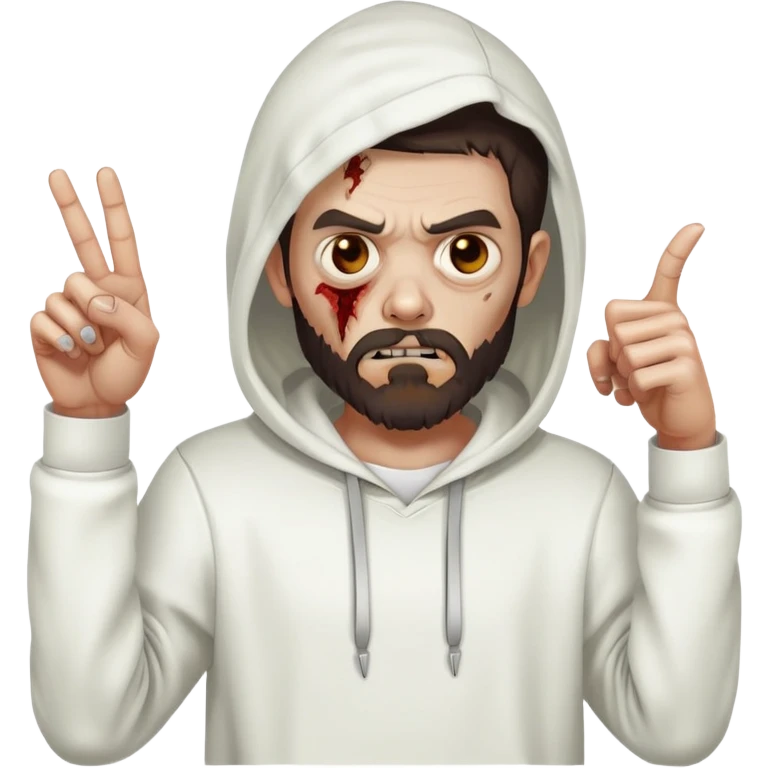 zombie pointing finger wearing plain white hoodie with no designs, dark brown hair and short full beard emoji